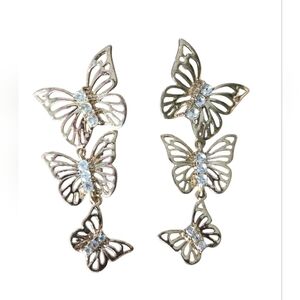 Gold Butterfly Drop Earrings with Clear Crystals
